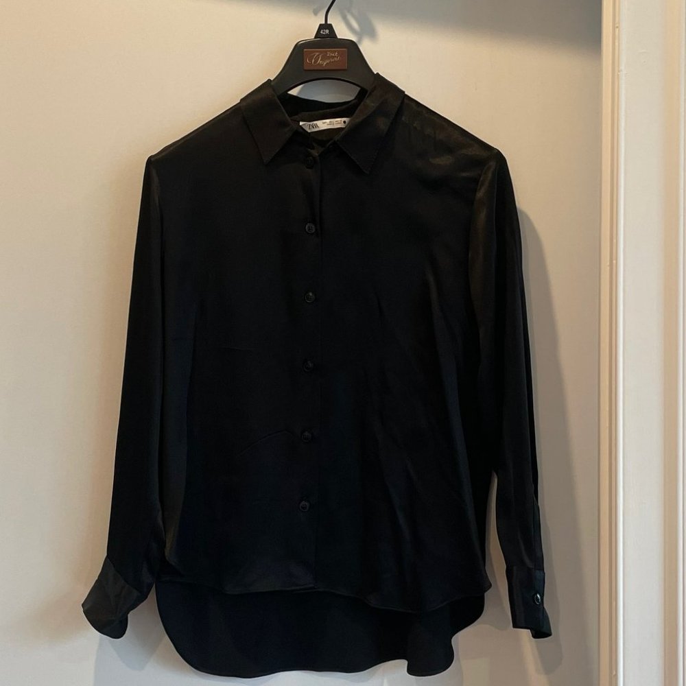 Zara Satin Effect Shirt, Button Down, Black, Size Large